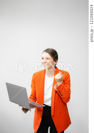 Young fun successful employee business woman corporate wear work area mock up isolated on plain white background 121088824
