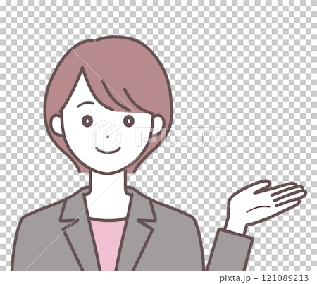 Woman in suit pointing to the side 121089213