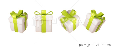 Christmas box with green ribbon in different projections isolated. Realistic vector Festive, holiday, Christmas 3d present. 121089260