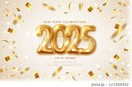 Happy New Year 2025 Golden numbers with gold confetti on white background 121089302