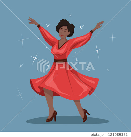 Vector illustration of happy dancing African woman in red dress. Professional salsa dancer. Active lifestyle. 121089381