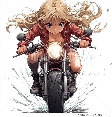 スピード感あふれるバイクに乗る女性キャラクター」のイラスト素材