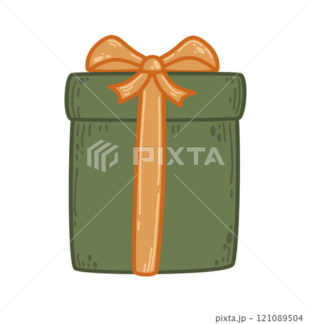 Tall green gift box with an elegant orange bow and ribbon details. For woodland-themed events, birthdays, or seasonal designs. Minimalist design suited for festive or eco-friendly holiday graphics 121089504