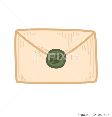 Nature-inspired envelope with a green wax seal and hand-crafted details. For forest-themed correspondence, digital designs, party invites. Organic illustration ideal for rustic or vintage stationery. Nature-inspired envelope with a green wax seal and hand-crafted details. For forest-themed correspondence, digital designs, party invites. Organic illustration ideal for rustic or vintage stationery. 121089507