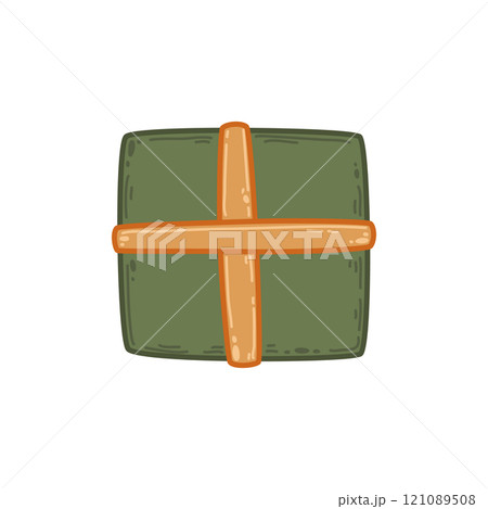 Green square gift box with orange ribbon and a simple, rustic design. Hand-drawn style perfect for nature-inspired holiday or party materials. For creating eco-themed cards, invitations, or gift tags 121089508