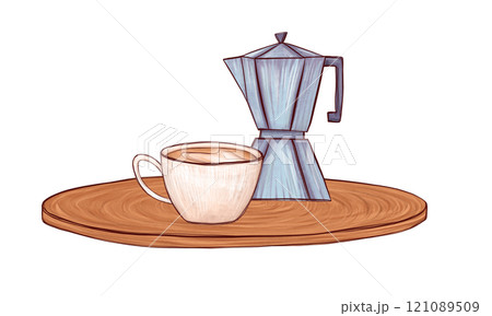 Blue moka pot and creamy coffee cup showcased on a wooden base. Warm tones and elegant details create a cozy breakfast scene. Great for branding, food blogs, or drink-themed illustrations 121089509