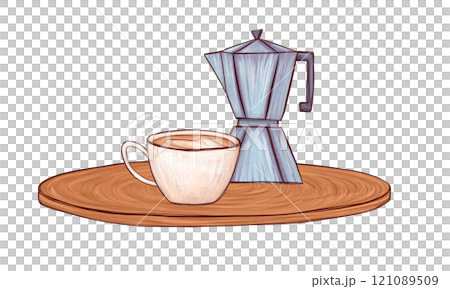 Blue moka pot and creamy coffee cup showcased on a wooden base. Warm tones and elegant details create a cozy breakfast scene. Great for branding, food blogs, or drink-themed illustrations 121089509