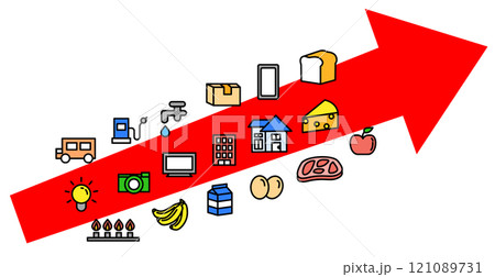 物価上昇で値上げする商品セットイラストと斜めに上昇する矢印ベクター,セット,アイコン,値上がり, 121089731