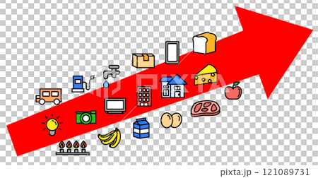 物価上昇で値上げする商品セットイラストと斜めに上昇する矢印ベクター,セット,アイコン,値上がり, 121089731