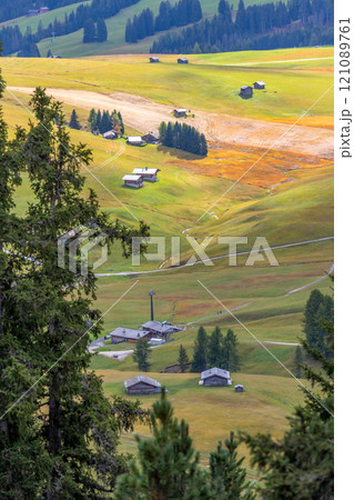 Alpe di Siusi, Italy aerial panorama, Dolomites 121089761
