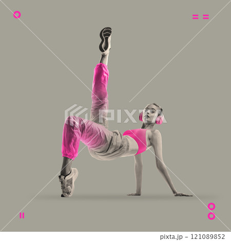 Contemporary art collage. Female dancer balancing on one hand with neon pink accents on sporty outfit, embodying strength, fashion, and rhythm. Contemporary art collage. Female dancer balancing on one hand with neon pink accents on sporty outfit, embodying strength, fashion, and rhythm. 121089852