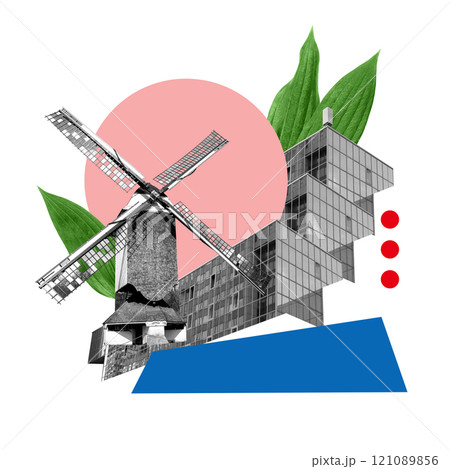 Contemporary art collage. Classic windmill intertwined with futuristic modular glass buildings, pink accents, and green foliage. Contemporary art collage. Classic windmill intertwined with futuristic modular glass buildings, pink accents, and green foliage. 121089856