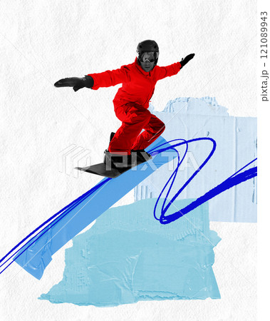 Contemporary art collage. Snowboarder in red outfit balancing mid-air on abstract slope, featuring dynamic blue and white graphic lines. 121089943