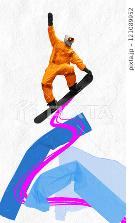 Contemporary art collage. Snowboarder in orange attire on board on snowy ridge. Abstract blue accents create modern and creative backdrop. Contemporary art collage. Snowboarder in orange attire on board on snowy ridge. Abstract blue accents create modern and creative backdrop. 121089952