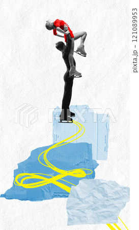 Contemporary art collage. Moment as ice skater lifts their partner gracefully during routine. Image with creative blue and yellow graphic elements. Contemporary art collage. Moment as ice skater lifts their partner gracefully during routine. Image with creative blue and yellow graphic elements. 121089953