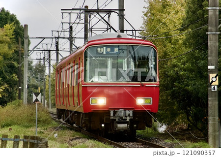 イチョウ並木の中を走る名鉄電車 イチョウ並木の中を走る名鉄電車 121090357