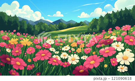 春の花が咲き乱れる美しい花畑の風景イラスト 121090618