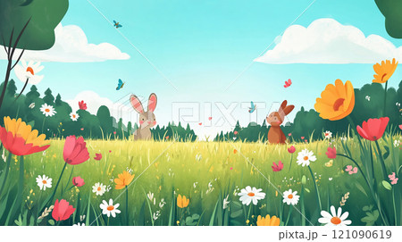 春の花畑で遊ぶかわいいウサギたちのイラスト 121090619
