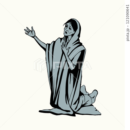 A starving woman asks for help. Vector drawing 121090641