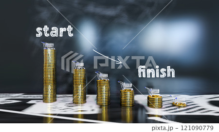 Money reduction concept image. Stacks of coins in a decrease financial concept. 3d rendering 121090779