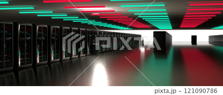 Servers. Servers room data center. Backup, mining, hosting, mainframe, farm and computer rack with storage information. 3d rendering 121090786