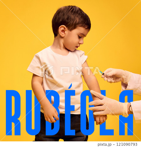 Serious and curious boy, child receiving vaccine. Spanish text rubeola meaning rubella disease. Conceptual design. Serious and curious boy, child receiving vaccine. Spanish text rubeola meaning rubella disease. Conceptual design. 121090793