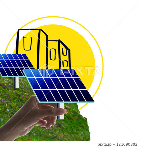 Hand presenting solar panels against green hills and urban drawings, representing clean energy in cities. Contemporary art collage. Hand presenting solar panels against green hills and urban drawings, representing clean energy in cities. Contemporary art collage. 121090802