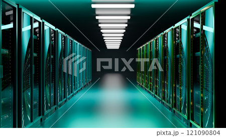 Server room. Server data center. Backup, mining, hosting, mainframe, farm and computer rack with storage information. 3d rendering Server room. Server data center. Backup, mining, hosting, mainframe, farm and computer rack with storage information. 3d rendering 121090804