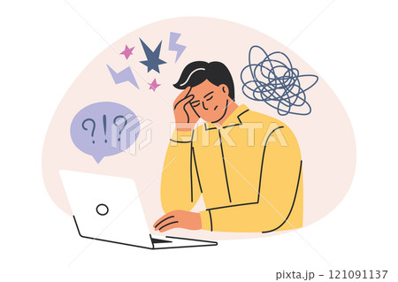 Burnout concept vector illustration. Cartoon man with stress, overwork, and frustration at computer. Flat doodle style, emotional crisis, workplace mental health, anxiety, and pressure icon 121091137
