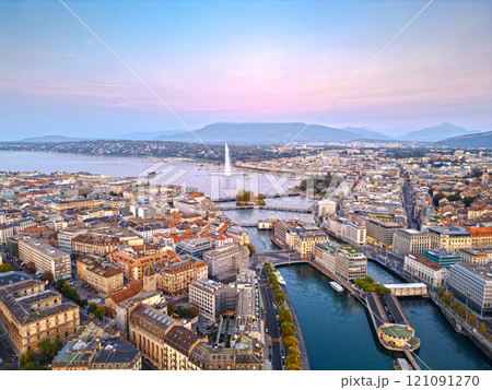 Geneva, Switzerland skyline view towards the Jet d'Eau 121091270