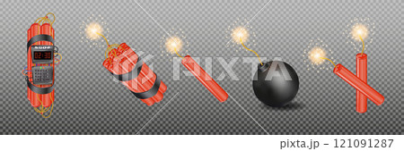 Realistic 3d bomb dynamite sticks with burning fuse. Vector 121091287
