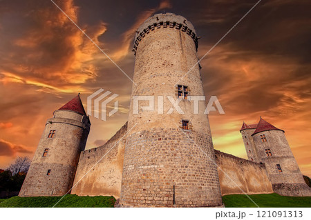 exteriors of castle of Blandy les tours, france exteriors of castle of Blandy les tours, france 121091313