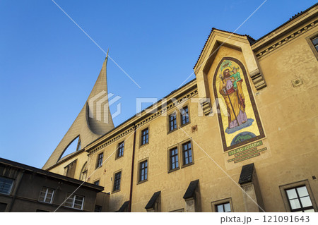 Emmaus monastery Na Slovanech, Abbey Church of the Blessed Virgin Mary, St. Jerome and Slavic Saints, Prague, Czech Republic, sunny day Emmaus monastery Na Slovanech, Abbey Church of the Blessed Virgin Mary, St. Jerome and Slavic Saints, Prague, Czech Republic, sunny day 121091643