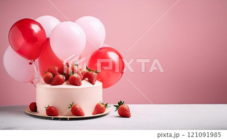 風船とイチゴが乗ったお誕生日ケーキ1 121091985