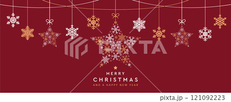 christmas greeting card with hanging snowflake decoration vector illustration 121092223