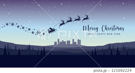 christmas banner santa claus in a sleigh with reindeer in the city vector illustration 121092224