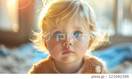 Adorable child glowing blue eyes capture innocence and wonder 121092399