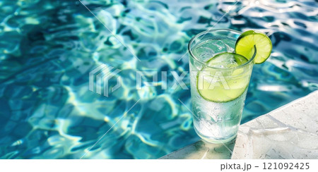 Refresh your summer vibes with this icy drink beside a crystal blue pool. 121092425