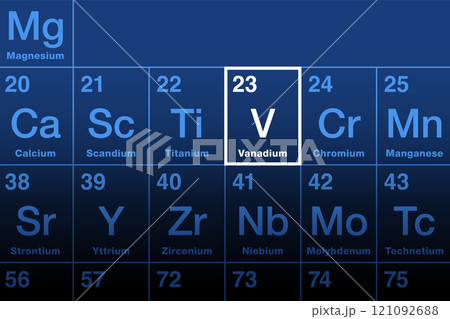 Vanadium element on the periodic table. Malleable transition metal and chemical element with atomic number 23, and with symbol V, from the Scandinavian goddess Vanadis. Used for special steel alloys. 121092688