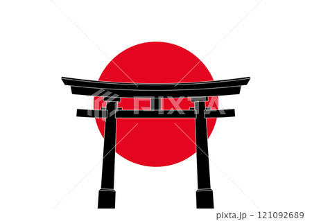 Daiwa torii, traditional Japanese gate in front of a red rising sun, the national flag symbol of Japan. Mainly a gate at Shinto shrine entrances, marking the transition from the mundane to the sacred. 121092689