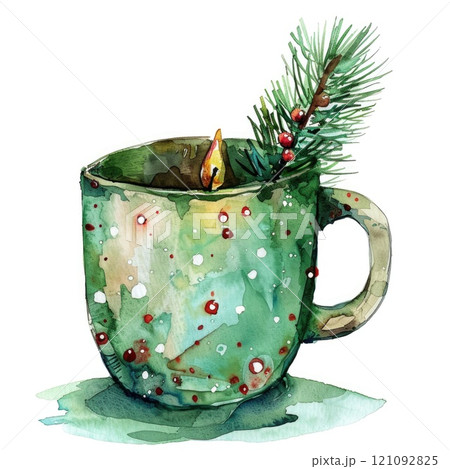Festive Holiday Mug with Holly Berry and Pine Branches Watercolor Art 121092825