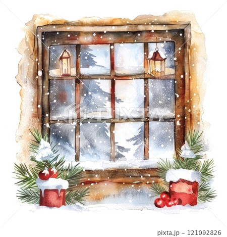 Rustic Holiday Window with Snow, Evergreen Branches, and Red Ornaments in Winter Scene 121092826
