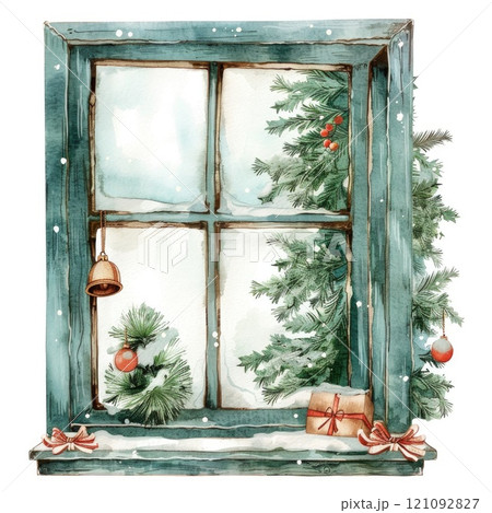 Cozy Christmas Scene: Decorated Tree and Gifts by Snowy Window with Candles 121092827