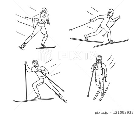 Line art illustrations of cross country skiers Line art illustrations of cross country skiers 121092935