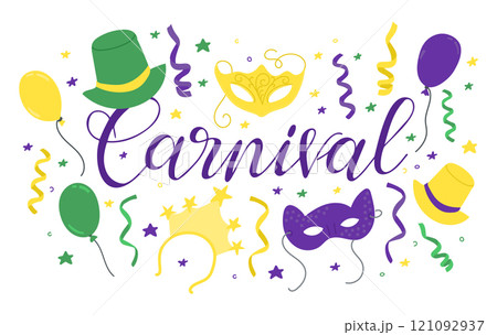 Colorful carnival illustration with festive masks Colorful carnival illustration with festive masks 121092937