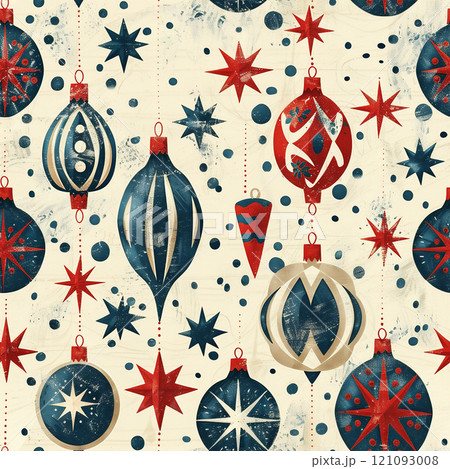 Colorful vintage Christmas ornaments and stars on a festive background with a cheerful design for holiday decorations. 121093008
