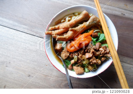 One bowl of traditional Indonesian chicken noodles. One bowl of traditional Indonesian chicken noodles. 121093028