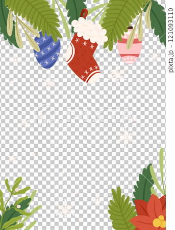 Festive Poster template frame featuring a red stocking, hanging ornaments, greenery, a poinsettia, and snowflakes on a light background with blank space. Festive Poster template frame featuring a red stocking, hanging ornaments, greenery, a poinsettia, and snowflakes on a light background with blank space. 121093110