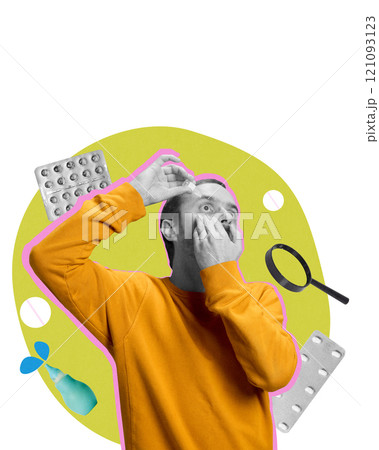 Contemporary art collage. Man applying eye drops with blister packs and magnifying glass nearby, emphasizing importance of eye care and proper health coverage. 121093123