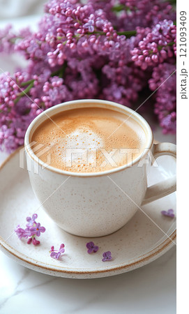 Hot latte coffee and lilac flowers on white stone background. 121093409